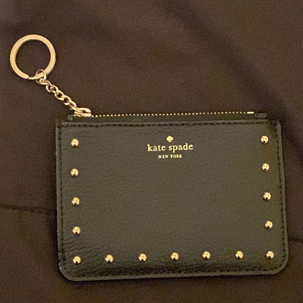 Kate Spade Black Pebbled Leather Gold Studs Card/Coin Zippered Wallet Key Chain